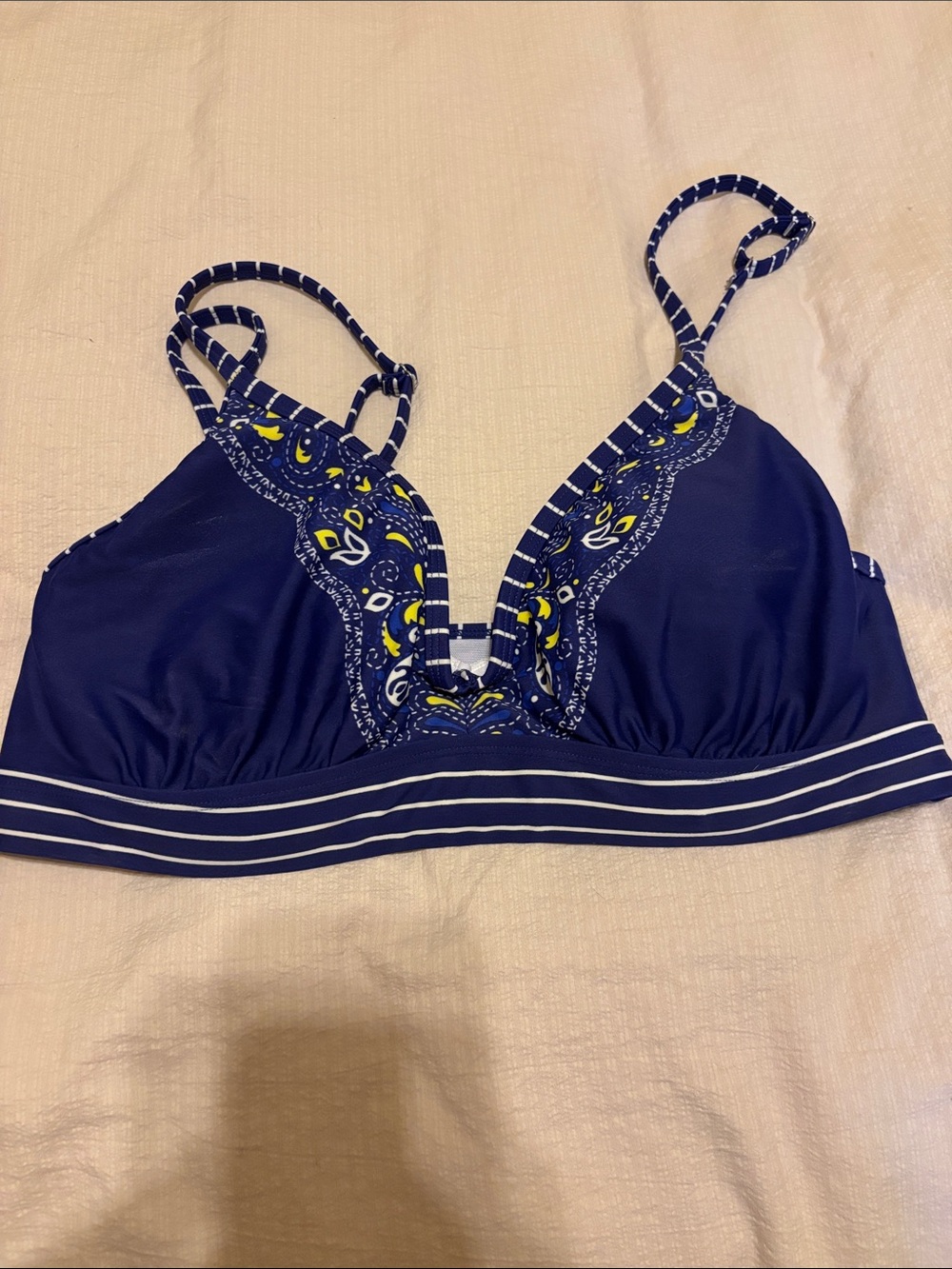 Athleta Navy Bralette with Yellow & White Paisley Trim